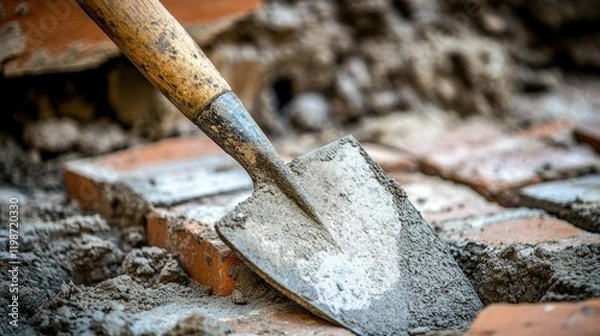 Fototapeta Close-Up of Trowel on Wet Cement and Bricks