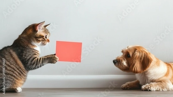 Obraz A cute comic-style image of a cat giving a reluctant dog a Valentine s card