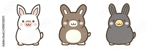 Fototapeta Cute cartoon animals featuring three adorable bunnies in different colors, showcasing their playful expressions and charming designs. Perfect for stickers or illustrations