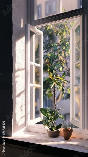 Fototapeta A window with a plant in a pot and a vase. The plant is in the window sill and the vase is on the sill