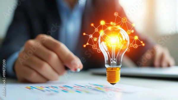 Fototapeta person pointing at glowing light bulb with network connections, symbolizing innovation and creative ideas in business strategy. scene conveys sense of inspiration and forward thinking