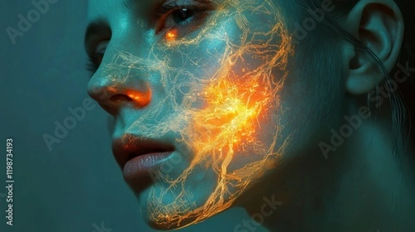 Obraz Woman's face, glowing energy, neural network, dark background, medical concept