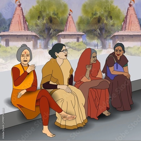 Fototapeta Four women in traditional attire sit together conversing, surrounded by a serene setting with trees and temple structures in the background.