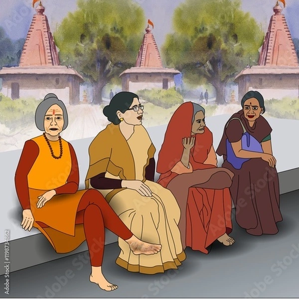 Fototapeta Four women seated on a bench are engaged in conversation against a backdrop of temples and trees. Each woman wears traditional Indian attire, showcasing cultural diversity and serenity.