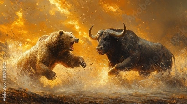 Obraz Grizzly bear versus buffalo, fiery battle.