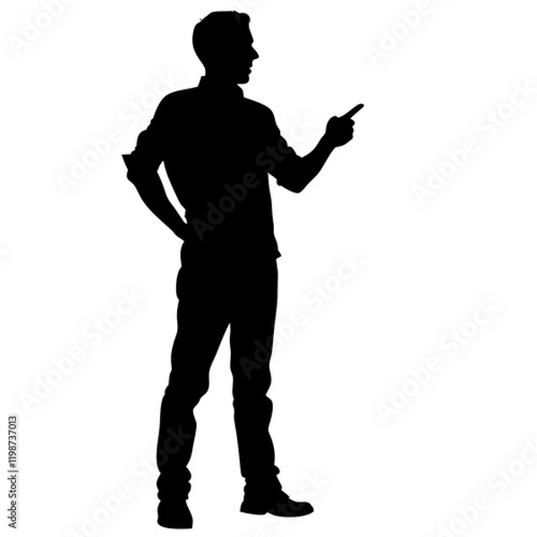 Fototapeta A man is standing in front of a white background. He is wearing a black shirt and black pants. He is holding a finger up in the air