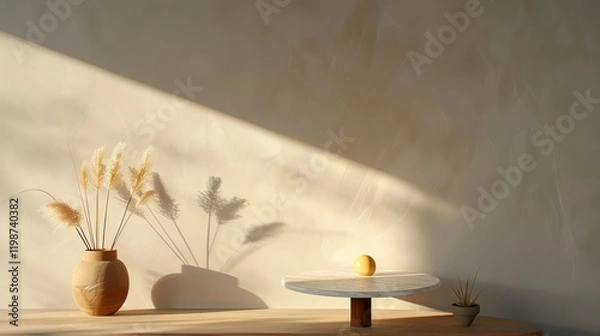 Fototapeta Minimalist Scandinavian Interior with Round Marble Table and Pampas Grass
