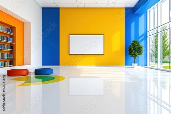 Obraz Contemporary Library Interior with Blank Billboard and Vibrant Bookshelves