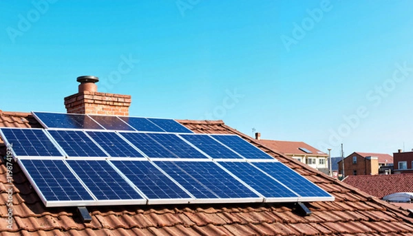 Fototapeta Solar panels on a rooftop against a clear blue sky