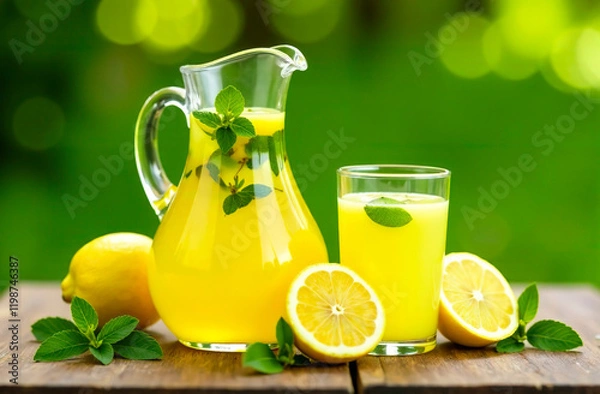 Fototapeta A large pitcher of lemonade stands on a wooden table, with lemons and mint next to it.