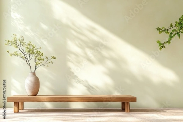 Fototapeta Elegant wooden bench with vase and branches in a serene indoor space with soft lighting