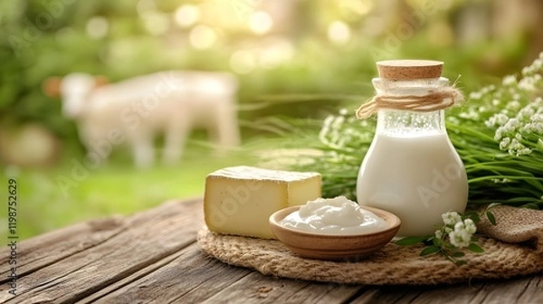 Fototapeta Rustic setting with a glass bottle of milk and dairy products on wooden table in a peaceful outdoor garden