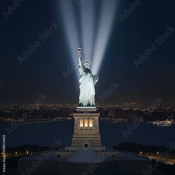 Fototapeta A statue of a woman with a torch in her hand is lit up at night