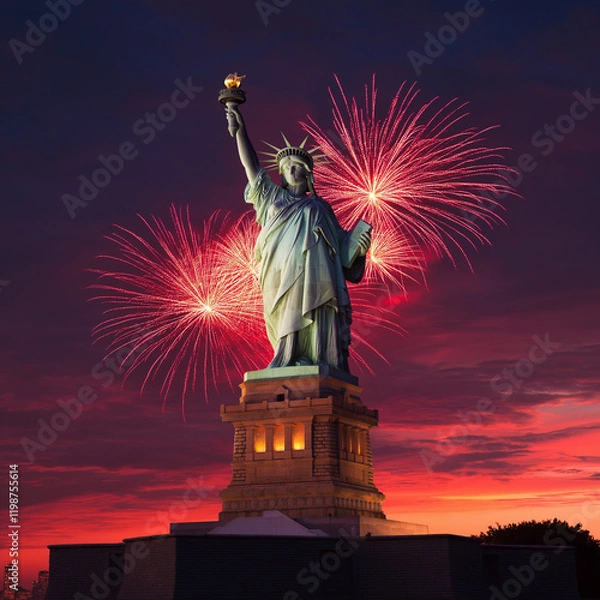 Fototapeta A statue of a woman holding a torch is lit up with fireworks in the background