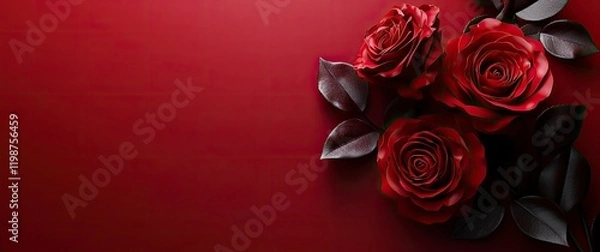 Obraz 3d illustration of red roses on dark red background withcopy space, banner design, top view, high resolution photography, 