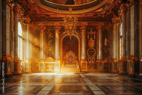 Fototapeta Fantastically beautiful throne of power of king or queen in throne room, abstract vivid composition consists of fictional unreal fantastic vision on background