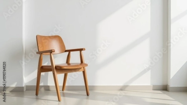 Fototapeta wooden chair stands in room on white background with sun glare.