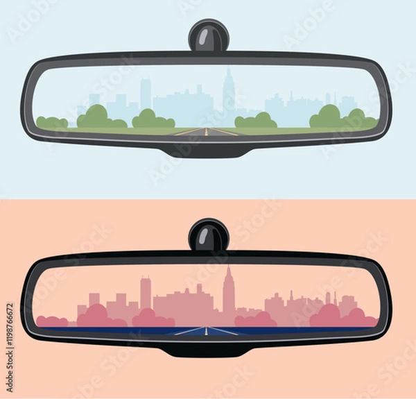 Fototapeta vector set of car rear view mirrors. reflection in automobile rear view mirror. transport illustrations. cityscape reflection in a mirror