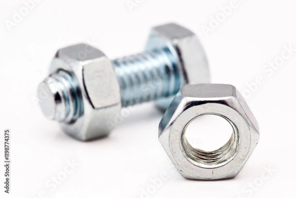 Fototapeta Close up of a metal bolt and nut showcasing industrial fasteners and their design