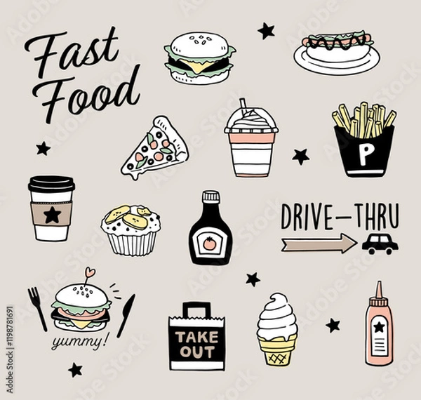 Fototapeta ファーストフードのイラストセット_カラー