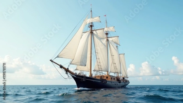 Fototapeta A majestic three-masted black-hulled sailing ship glides across azure waters, its pristine white sails billowing gracefully under the open sky