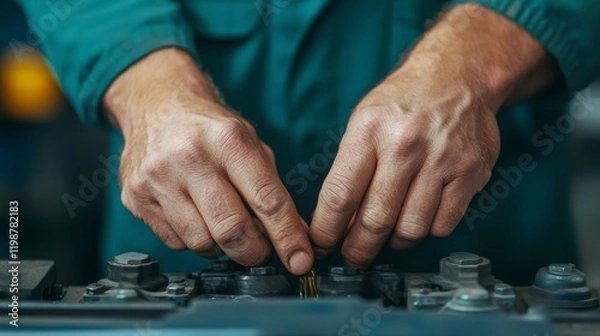 Obraz Hands of a Mechanic Working on a Vehicle Engine Component in Workshop Environment