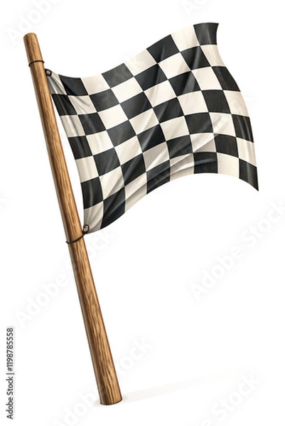 Fototapeta Checkered Racing Flag on Wooden Pole isolated on white background as transparent. PNG. AI GENERATED