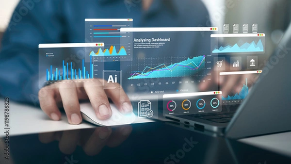 Fototapeta Businessman using laptop computer analyzing sales data, financial growth graph chart report. Data analysis with Ai technology. Business planning, strategy and development, Accounting. market research