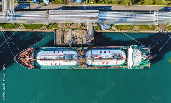 Fototapeta Top-down view of LPG tanker docked at industrial port terminal with visible pipelines for gas transfer. Symmetrical composition emphasizes maritime trade and infrastructure.