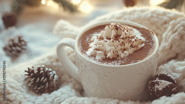 Fototapeta A cozy cup of hot chocolate with a swirl of whipped cream and a light dusting of cocoa powder, perfect for relaxing during the winter season.