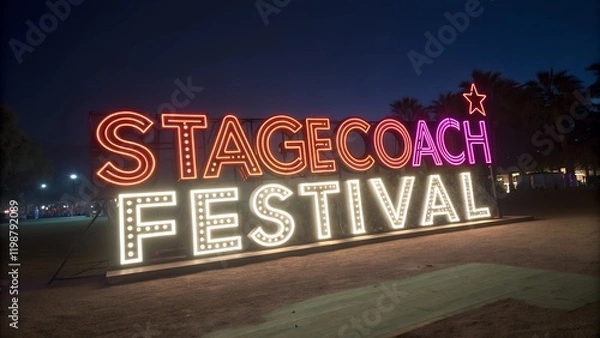 Fototapeta This image showcases a large, illuminated sign for the "Stagecoach Festival" at night