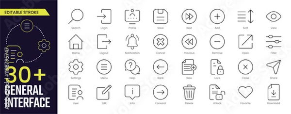 Obraz General Interface Stroke icon collections. Containing User Interface, Search, Home, Notification, Profile, Login, Logout, Delete, Lock, and more icons. Editable Stroke icon collection Outline icon