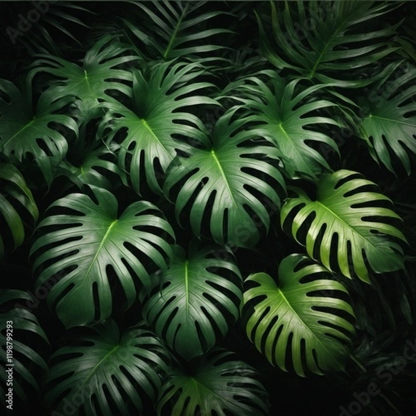 Fototapeta Nature-Inspired Tropical Green Leaves Background with Soft Shadows and Vibrant Highlights