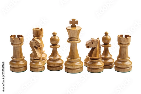 Fototapeta Unique wooden chess pieces arranged elegantly on a white background showcasing their craftsmanship and design