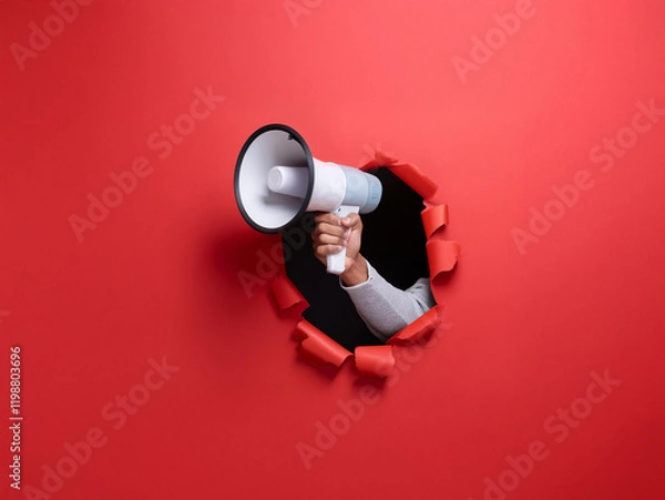 Fototapeta A hand holding a megaphone bursts through a red paper background, announcing an urgent message.  The scene is minimalist and impactful, symbolizing a powerful announcement or call to action.