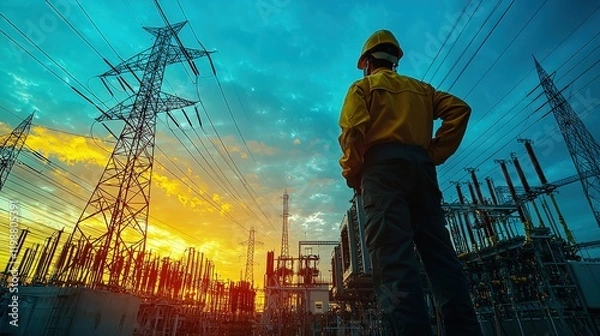 Fototapeta A focused electrician observes machinery as the sunset casts a colorful backdrop, highlighting industriousness.