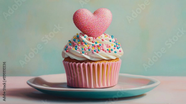 Fototapeta A cupcake with a pink heart on top, decorated with glittery icing and colorful sprinkles, sitting on a pastel plate.