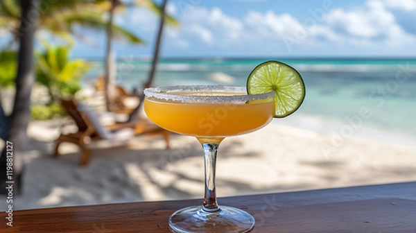 Obraz A Daiquiri cocktail made with fresh lime juice, rum, and sugar rim, served in a glass with a lime wedge garnish, placed on a beachside bar counter.