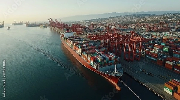 Fototapeta Aerial view of a large container ship at a busy port, docked and surrounded by cranes and containers.