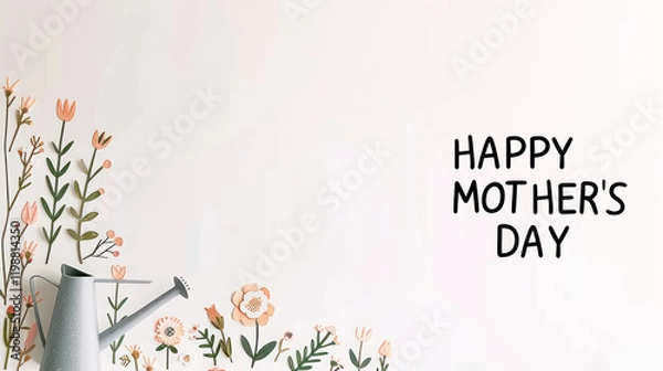 Fototapeta Happy Mother's Day Floral Background with Watering Can and Stylized Flower Arrangement for Celebrating and Honoring Mothers on Their Special Day