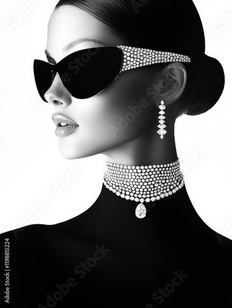 Fototapeta An elegant profile featuring a model with chic sunglasses, showcasing luxury fashion and sophisticated design elements.