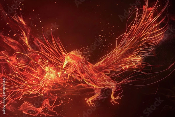 Fototapeta Fantastically beautiful mythological bird phoenix from bright hot fire, abstract vivid composition consists of fictional unreal fantastic vision on background