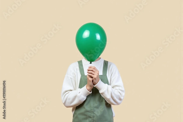 Obraz A person in white sweater and green overalls holding a green balloon covering face