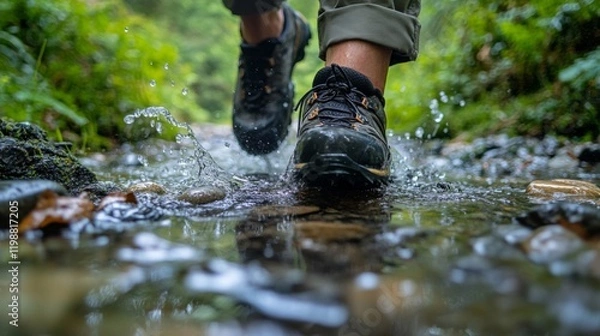 Fototapeta Closeup of Hiking Boots Splashing Through a Creek in a Forest