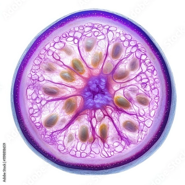 Fototapeta An artistic cross-section of a vibrant fruit showcasing delicate patterns and colors, emphasizing nature's beauty.