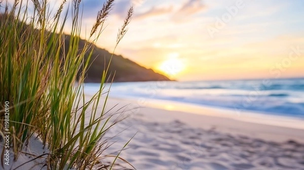 Fototapeta Serene Coastal Scene with Gentle Waves and Golden Sunset on Sandy Beach : Generative AI