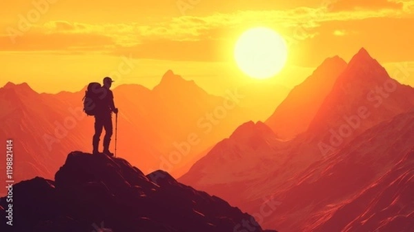 Fototapeta Silhouette of a Hiker on a Mountaintop at Sunset