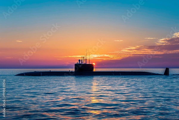 Fototapeta Beautiful large submarine floating in middle of deep ocean during mission, abstract vivid composition consists of fictional unreal fantastic vision on background