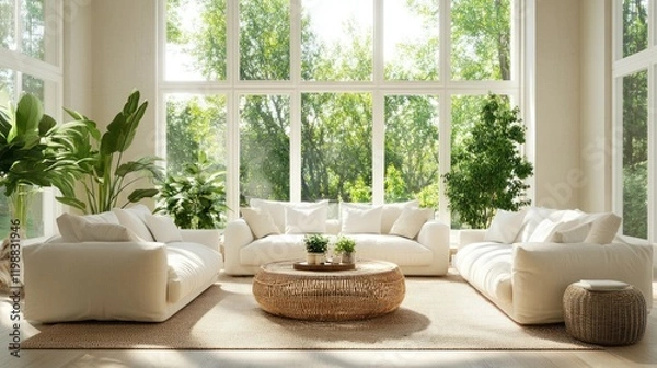 Obraz A bright, airy living room with off-white sofas, a rattan table, and a textured carpet, framed by large windows and natural greenery.
