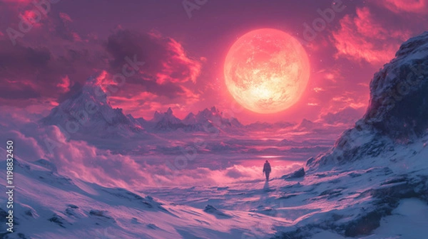 Fototapeta Surreal landscape under a large pink moon with a solitary figure walking on snowy terrain